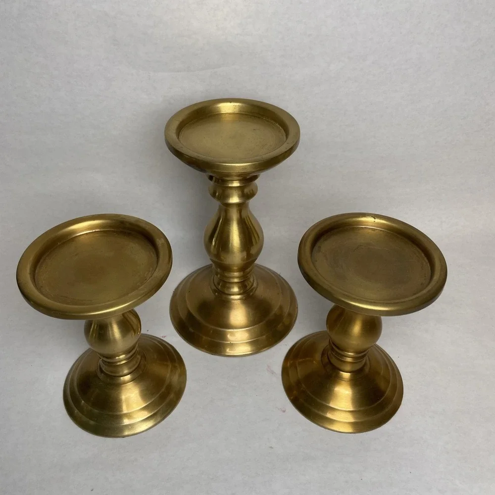 3 WORLD MARKET Brass Candle Stick Classic VINTAGE Holders Pillar Candle 4